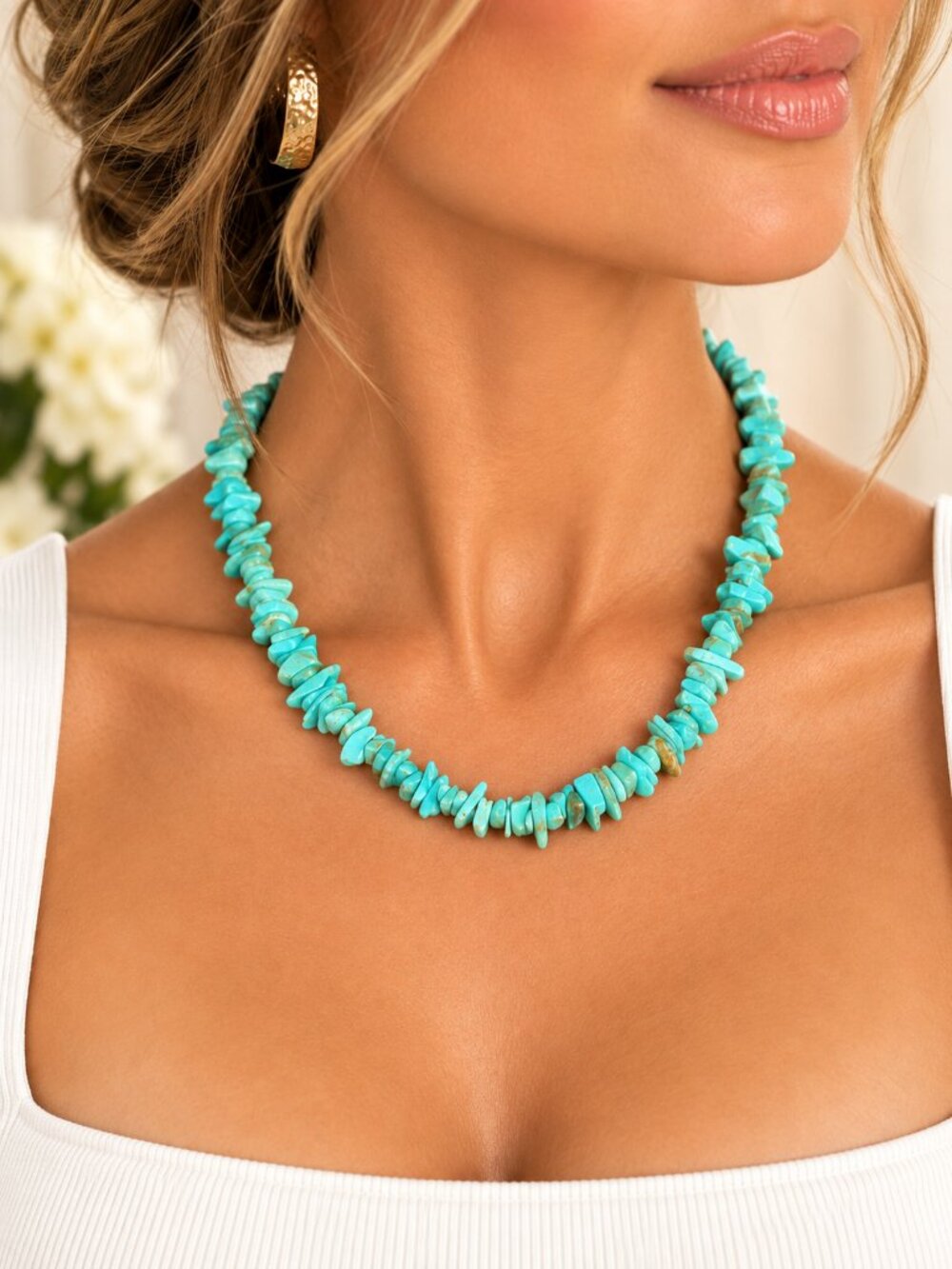 Genuine Turquoise Chip Necklace 16” Sterling Silver Clasp Southwestern